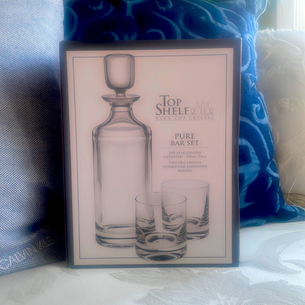 Top Shelf Hand Cut Crystal Pure Bar Set Decanter/Two 10oz. Old Fashioned Glasses